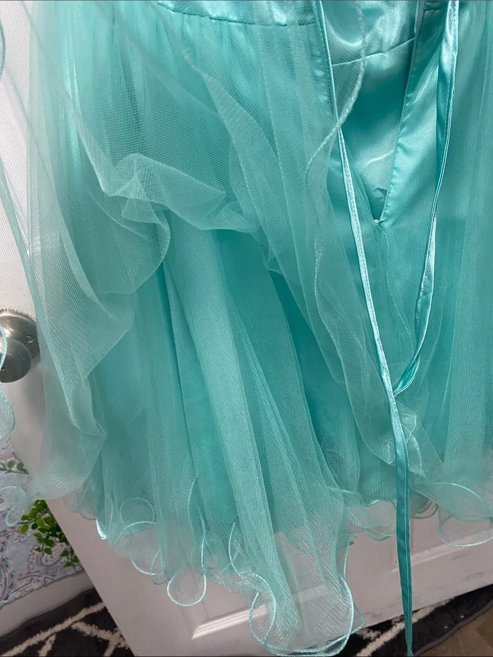 Sherri Hill Aqua Tulle Party Dress with Jeweled Waistband